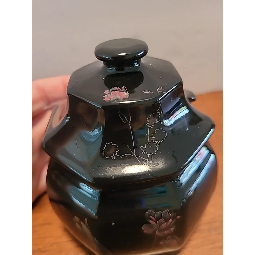 Mikasa EBONY GARDEN Sugar Bowl and Creamer Set Pink Yellow Flowers Black F3701